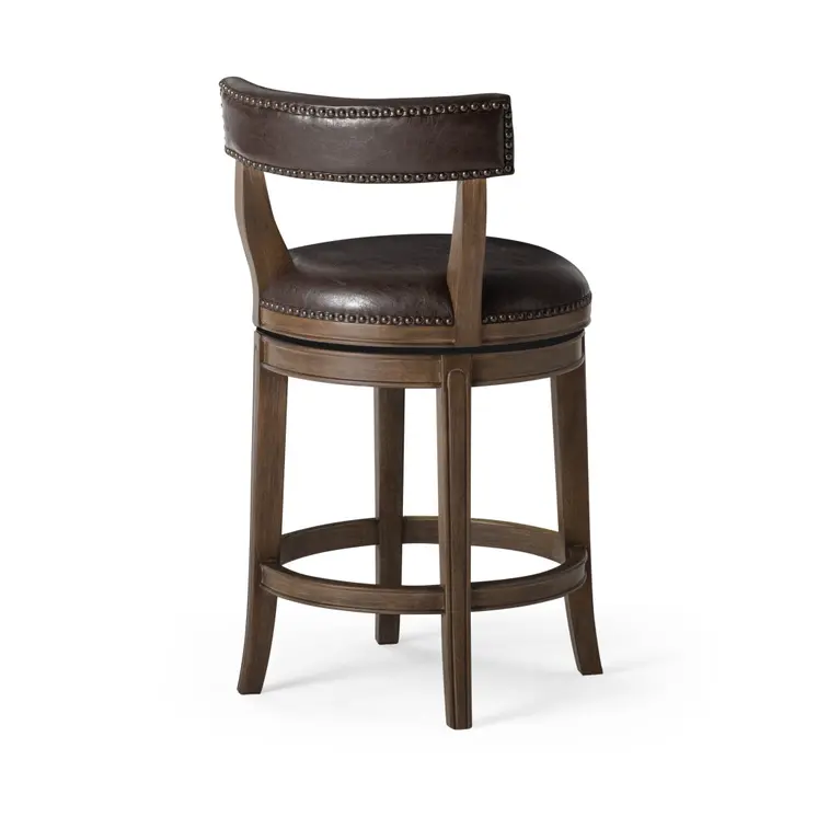 26" Brown Faux Leather and Solid Wood Low Back Counter Height Swivel Bar Chair