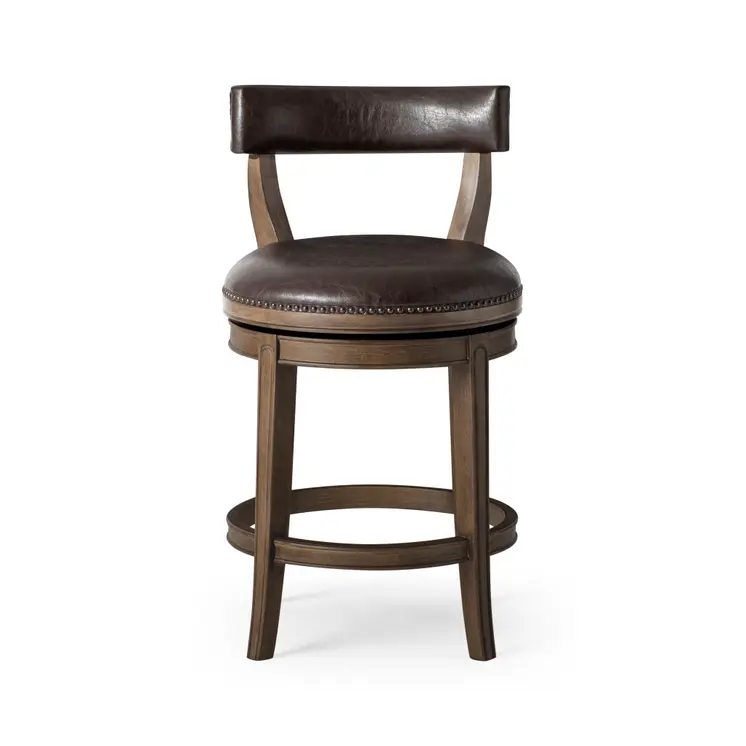 26" Brown Faux Leather and Solid Wood Low Back Counter Height Swivel Bar Chair