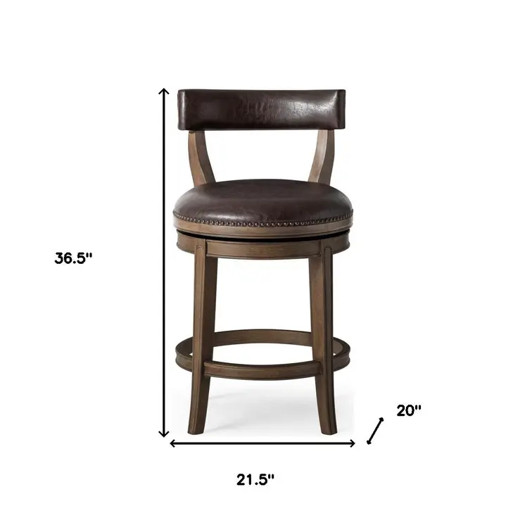 26" Brown Faux Leather and Solid Wood Low Back Counter Height Swivel Bar Chair