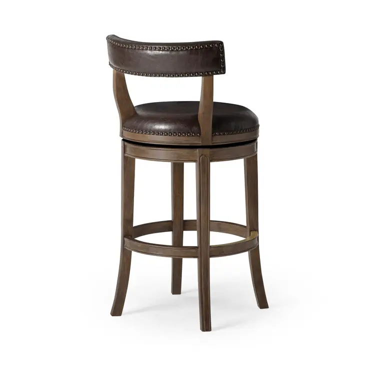 31" Brown Faux Leather and Solid Wood Low Back Bar Height Swivel Bar Chair