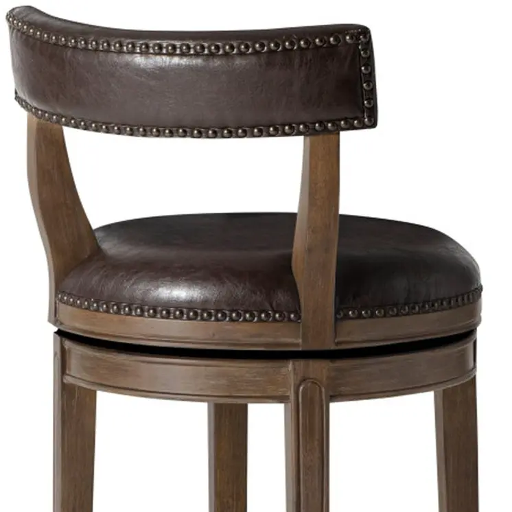 31" Brown Faux Leather and Solid Wood Low Back Bar Height Swivel Bar Chair