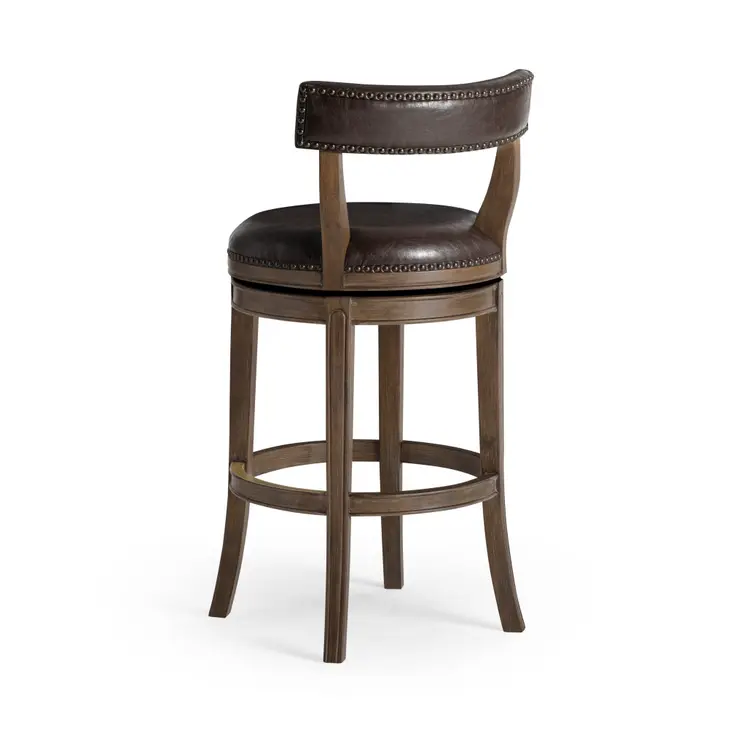 31" Brown Faux Leather and Solid Wood Low Back Bar Height Swivel Bar Chair