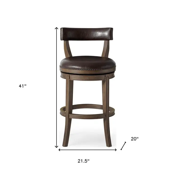 31" Brown Faux Leather and Solid Wood Low Back Bar Height Swivel Bar Chair