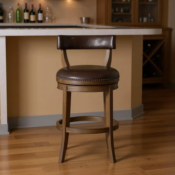 31" Brown Faux Leather and Solid Wood Low Back Bar Height Swivel Bar Chair