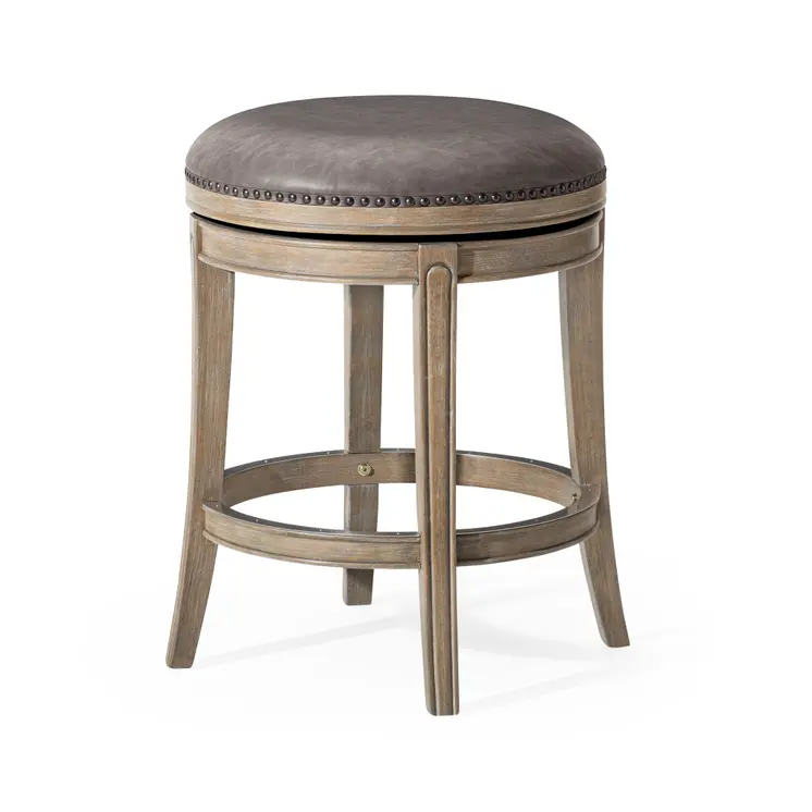 26" Stone and Gray Faux Leather and Solid Wood Backless Counter Height Swivel Bar Chair