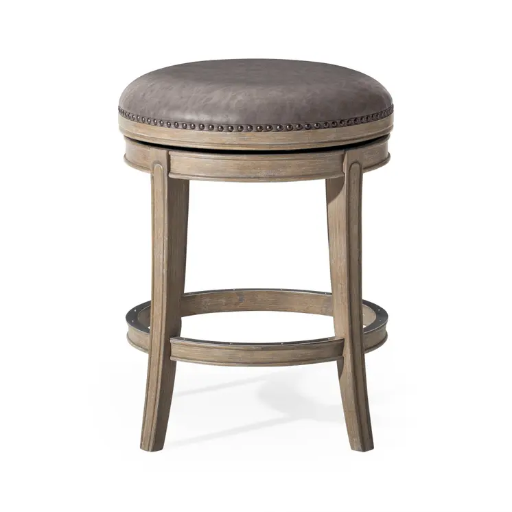 26" Stone and Gray Faux Leather and Solid Wood Backless Counter Height Swivel Bar Chair