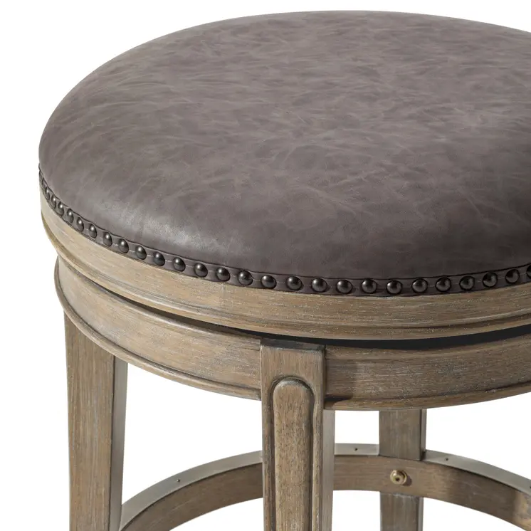26" Stone and Gray Faux Leather and Solid Wood Backless Counter Height Swivel Bar Chair