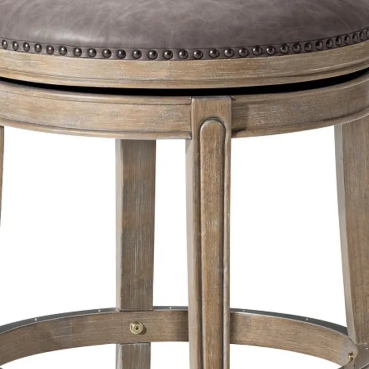 26" Stone and Gray Faux Leather and Solid Wood Backless Counter Height Swivel Bar Chair