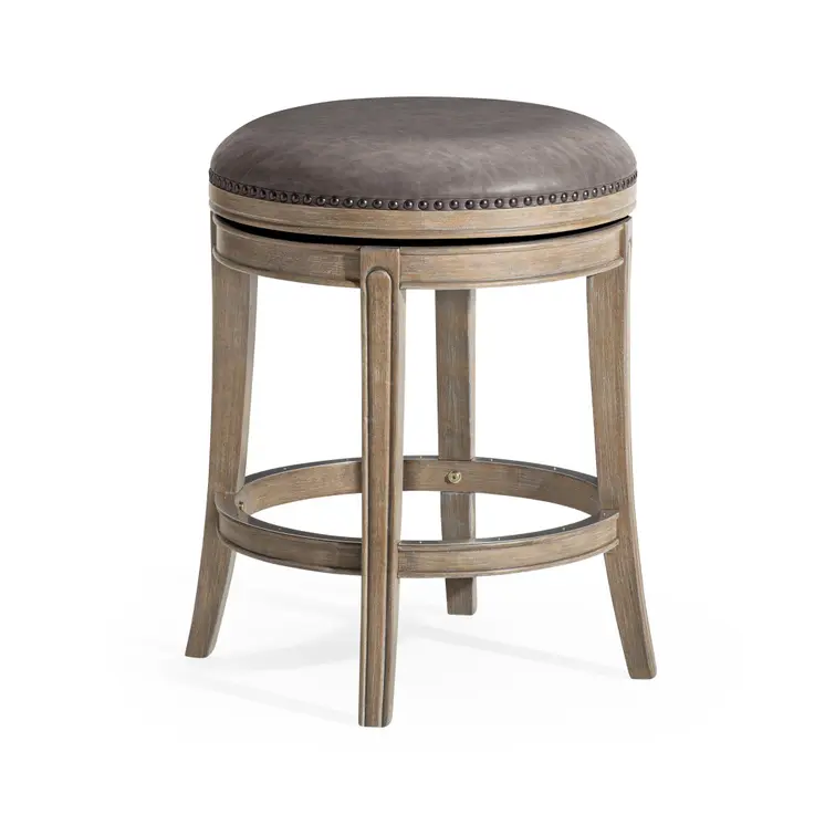 26" Stone and Gray Faux Leather and Solid Wood Backless Counter Height Swivel Bar Chair