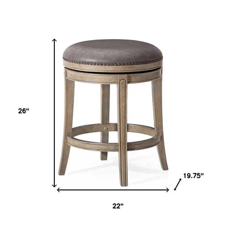 26" Stone and Gray Faux Leather and Solid Wood Backless Counter Height Swivel Bar Chair