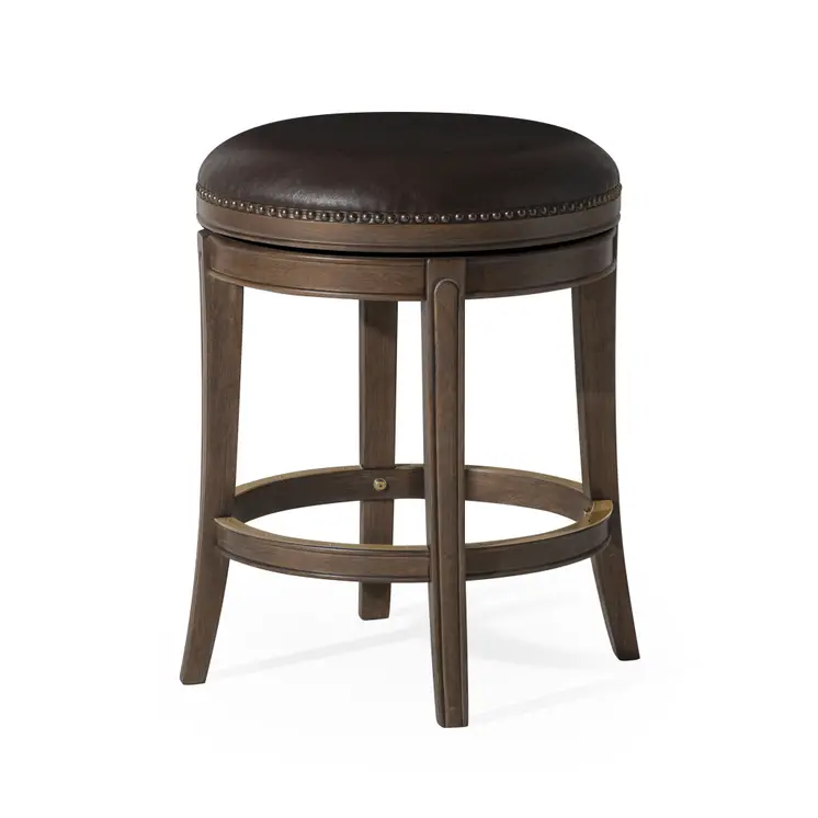 26" Brown Faux Leather and Solid Wood Backless Counter Height Swivel Bar Chair