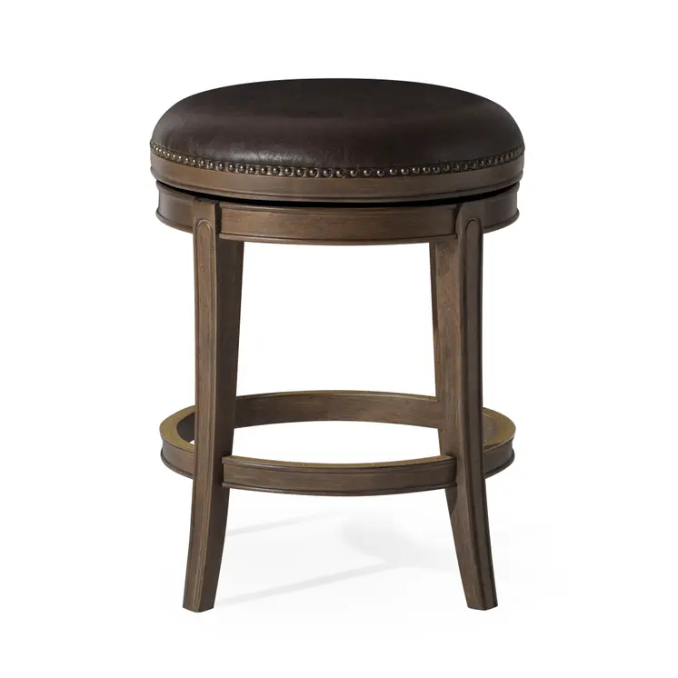 26" Brown Faux Leather and Solid Wood Backless Counter Height Swivel Bar Chair