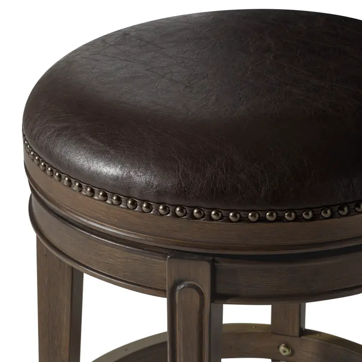 26" Brown Faux Leather and Solid Wood Backless Counter Height Swivel Bar Chair