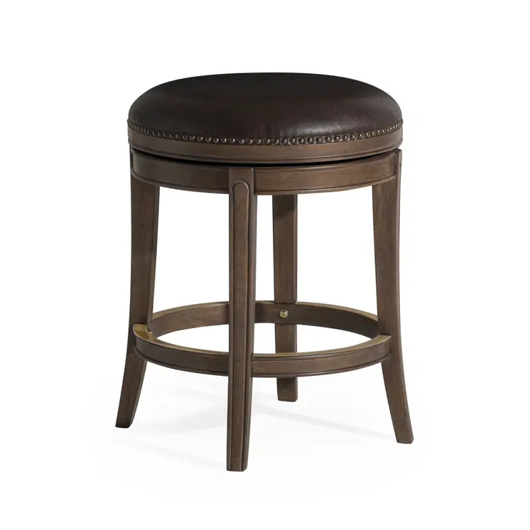 26" Brown Faux Leather and Solid Wood Backless Counter Height Swivel Bar Chair