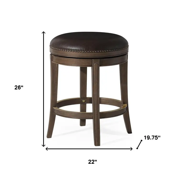 26" Brown Faux Leather and Solid Wood Backless Counter Height Swivel Bar Chair