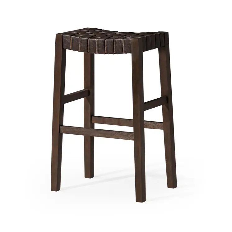 31" Brown Faux Leather and Solid Wood Backless Bar Height Bar Chair