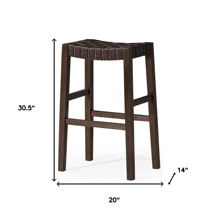 31" Brown Faux Leather and Solid Wood Backless Bar Height Bar Chair