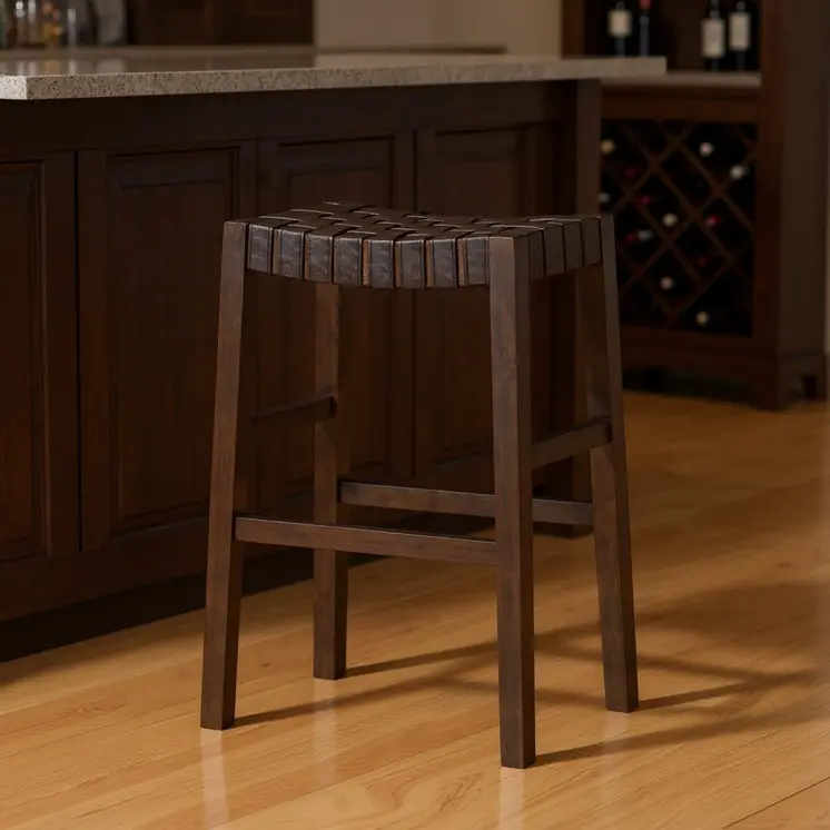 31" Brown Faux Leather and Solid Wood Backless Bar Height Bar Chair