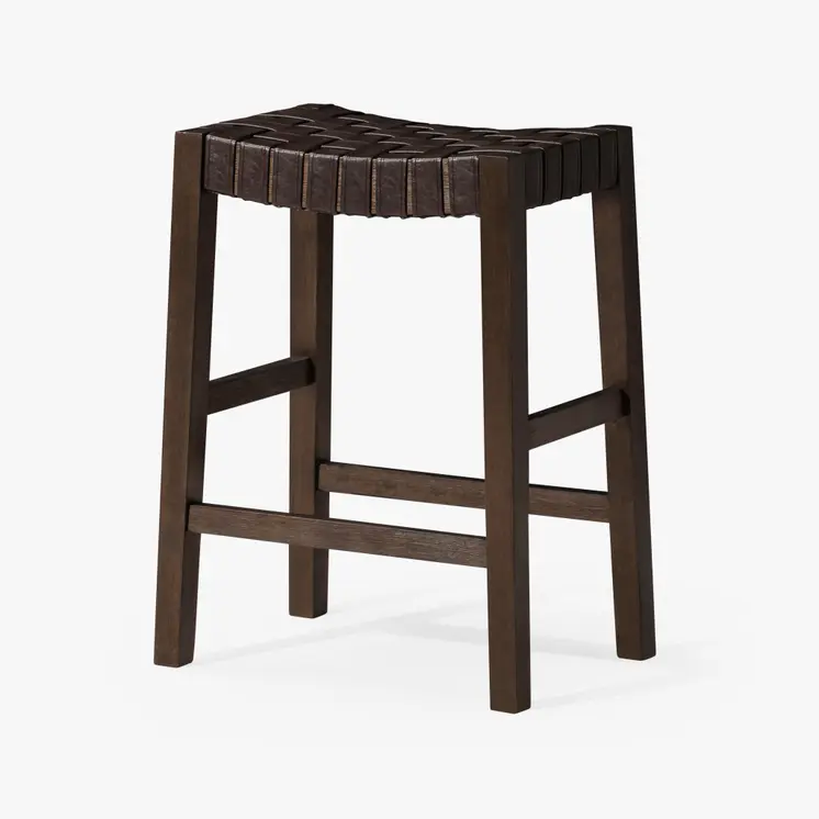 26" Brown Faux Leather and Solid Wood Backless Counter Height Bar Chair