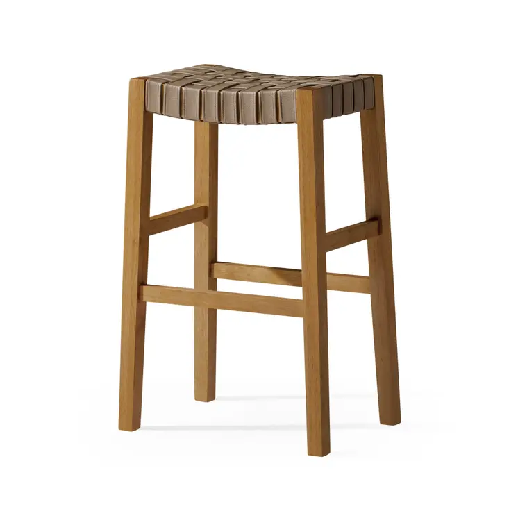 31" Stone and Natural Faux Leather and Solid Wood Backless Bar Height Bar Chair