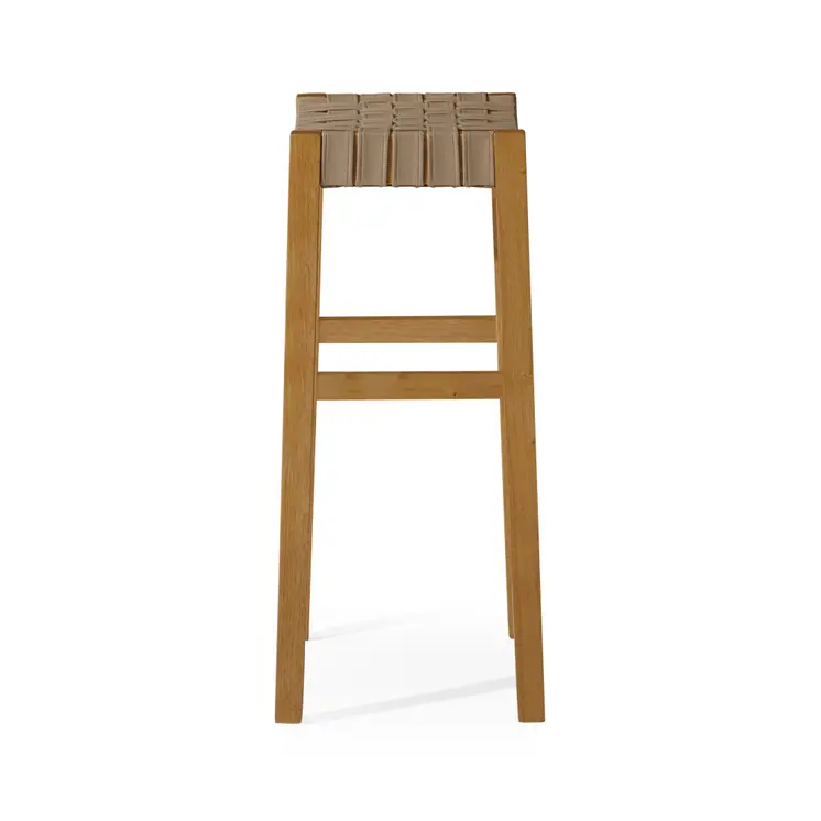 31" Stone and Natural Faux Leather and Solid Wood Backless Bar Height Bar Chair
