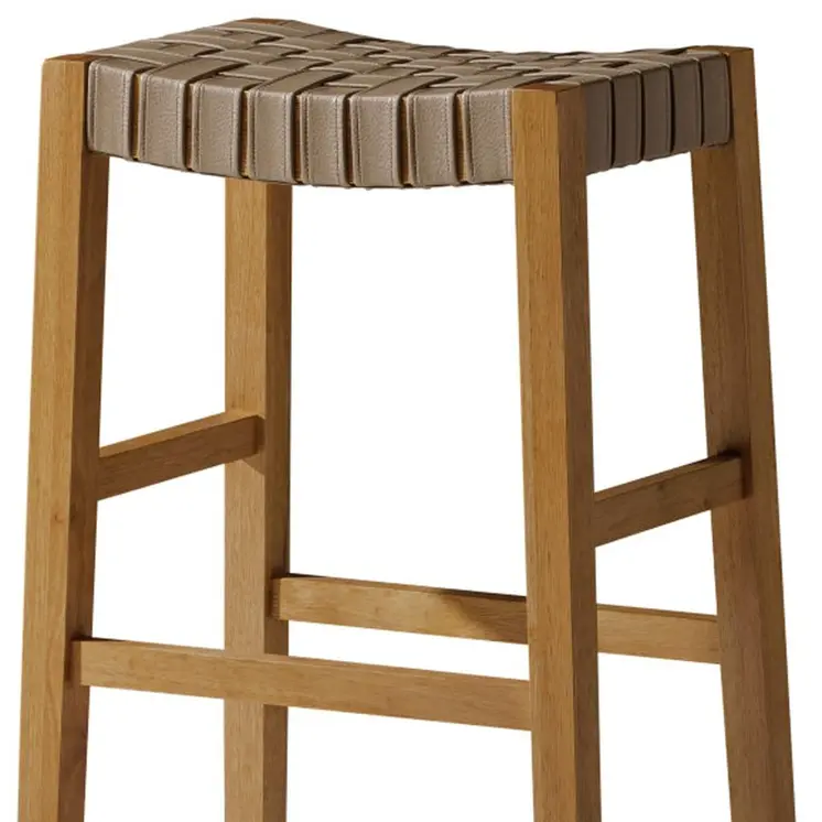 31" Stone and Natural Faux Leather and Solid Wood Backless Bar Height Bar Chair