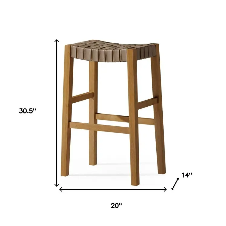 31" Stone and Natural Faux Leather and Solid Wood Backless Bar Height Bar Chair