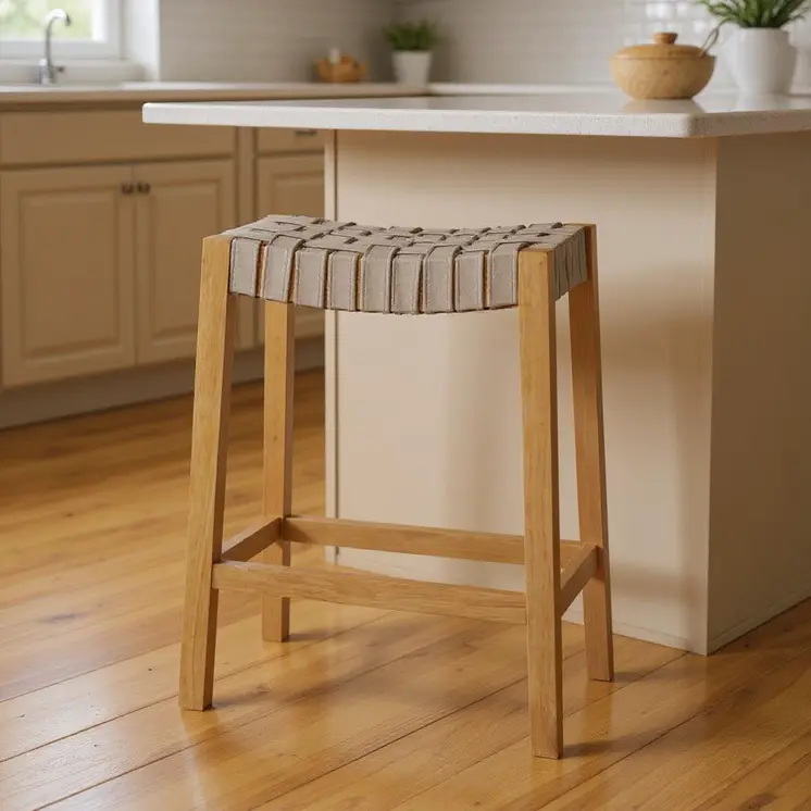 26" Stone and Natural Faux Leather and Solid Wood Backless Counter Height Bar Chair