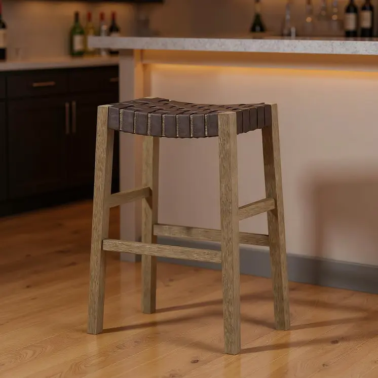 31" Stone and Gray Faux Leather and Solid Wood Backless Bar Height Bar Chair