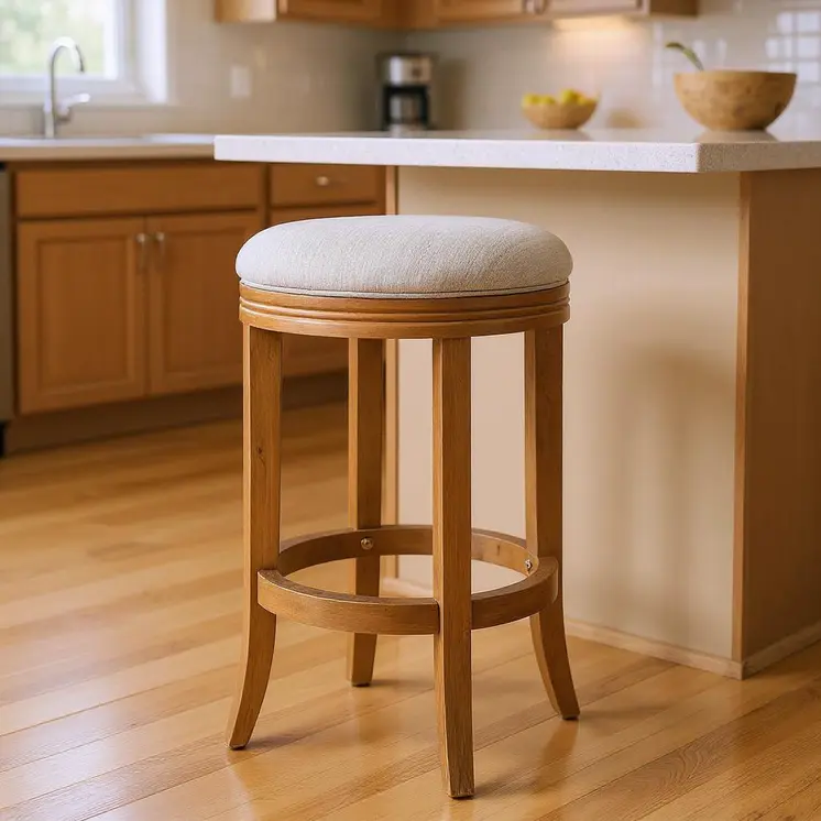 26" Sand and Natural Fabric and Solid Wood Backless Counter Height Swivel Bar Chair