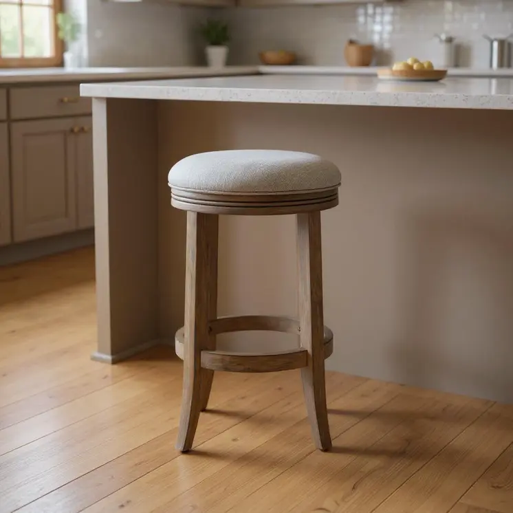 26" Gray and Cool Gray Fabric and Solid Wood Backless Counter Height Swivel Bar Chair