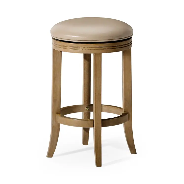 26" Beige and Natural Faux Leather and Solid Wood Backless Counter Height Swivel Bar Chair