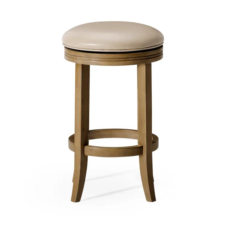 26" Beige and Natural Faux Leather and Solid Wood Backless Counter Height Swivel Bar Chair