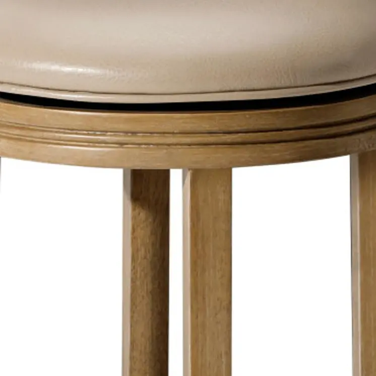 26" Beige and Natural Faux Leather and Solid Wood Backless Counter Height Swivel Bar Chair