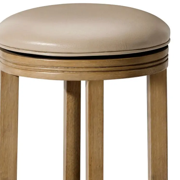 26" Beige and Natural Faux Leather and Solid Wood Backless Counter Height Swivel Bar Chair
