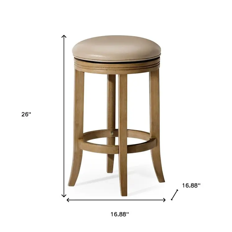 26" Beige and Natural Faux Leather and Solid Wood Backless Counter Height Swivel Bar Chair