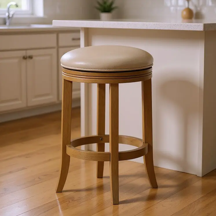 26" Beige and Natural Faux Leather and Solid Wood Backless Counter Height Swivel Bar Chair