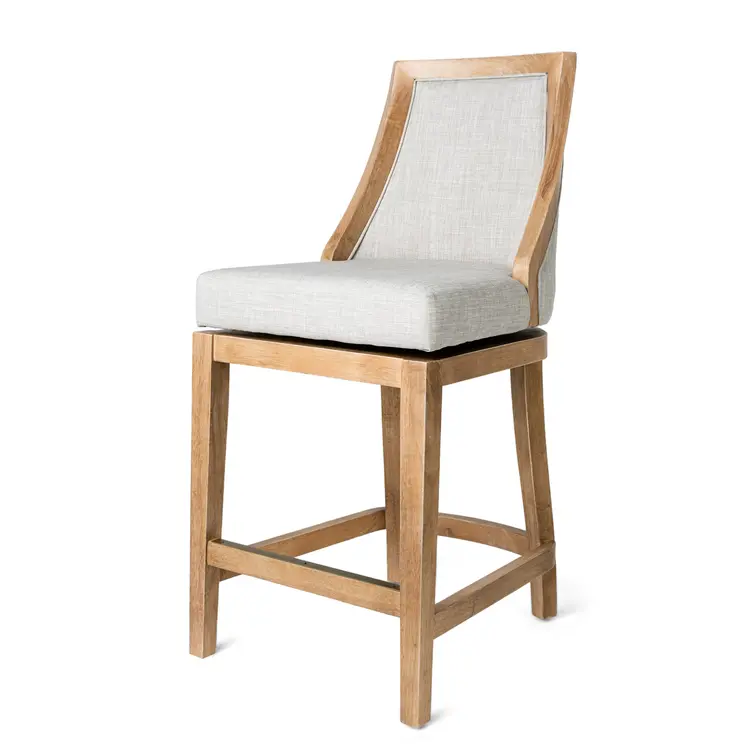 26" Beige and Natural Fabric and Solid Wood Counter Height Swivel Bar Chair