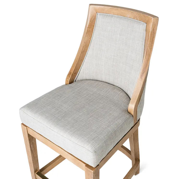 26" Beige and Natural Fabric and Solid Wood Counter Height Swivel Bar Chair