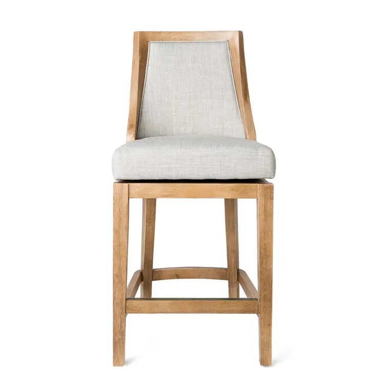 26" Beige and Natural Fabric and Solid Wood Counter Height Swivel Bar Chair