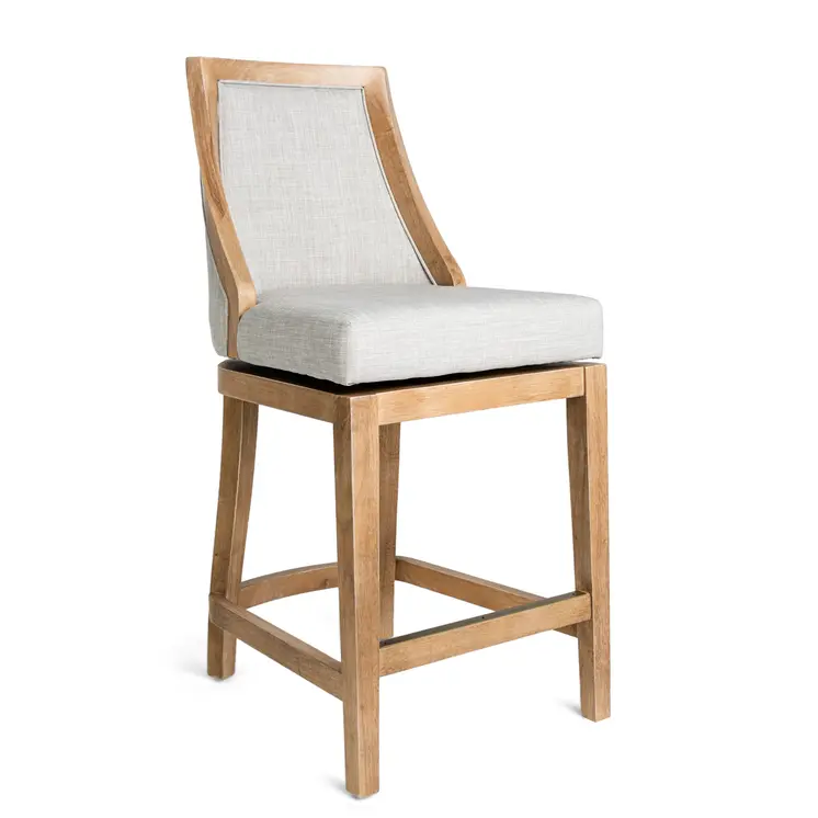 26" Beige and Natural Fabric and Solid Wood Counter Height Swivel Bar Chair