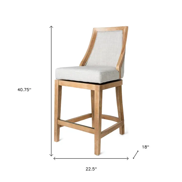26" Beige and Natural Fabric and Solid Wood Counter Height Swivel Bar Chair