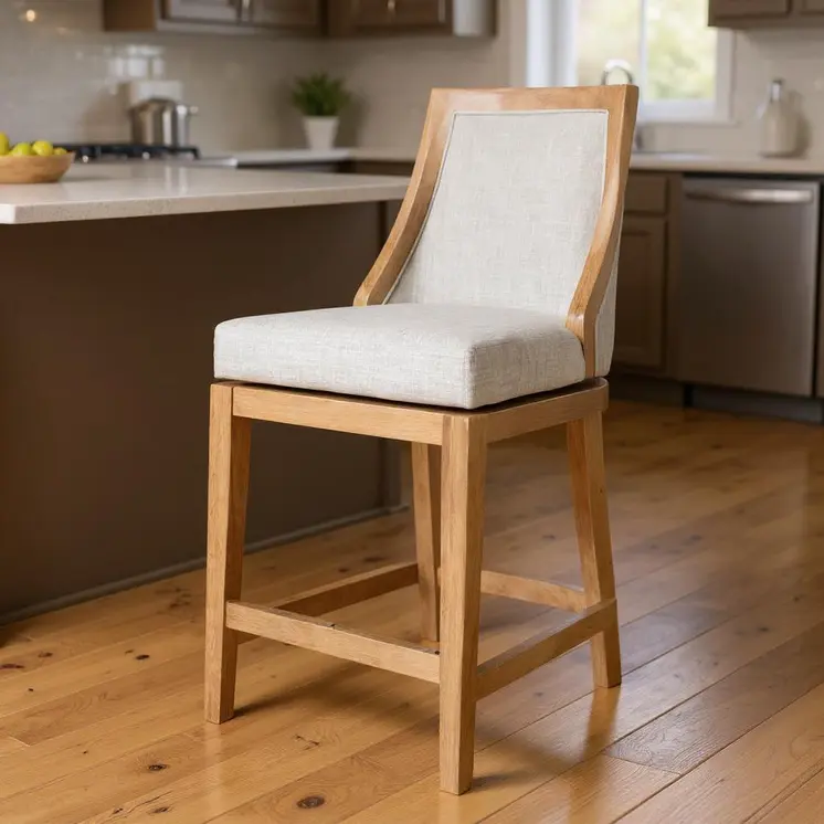 26" Beige and Natural Fabric and Solid Wood Counter Height Swivel Bar Chair