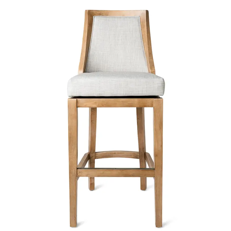 31" Beige and Natural Fabric and Solid Wood Bar Height Swivel Bar Chair