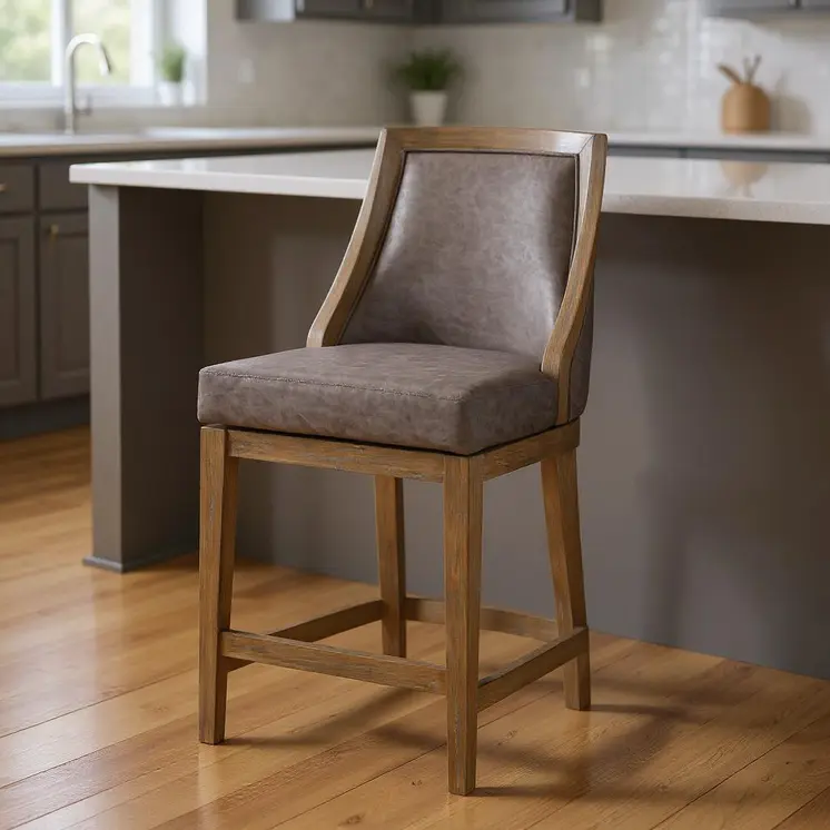 26" Gray and Cool Gray Faux Leather and Solid Wood Counter Height Swivel Bar Chair