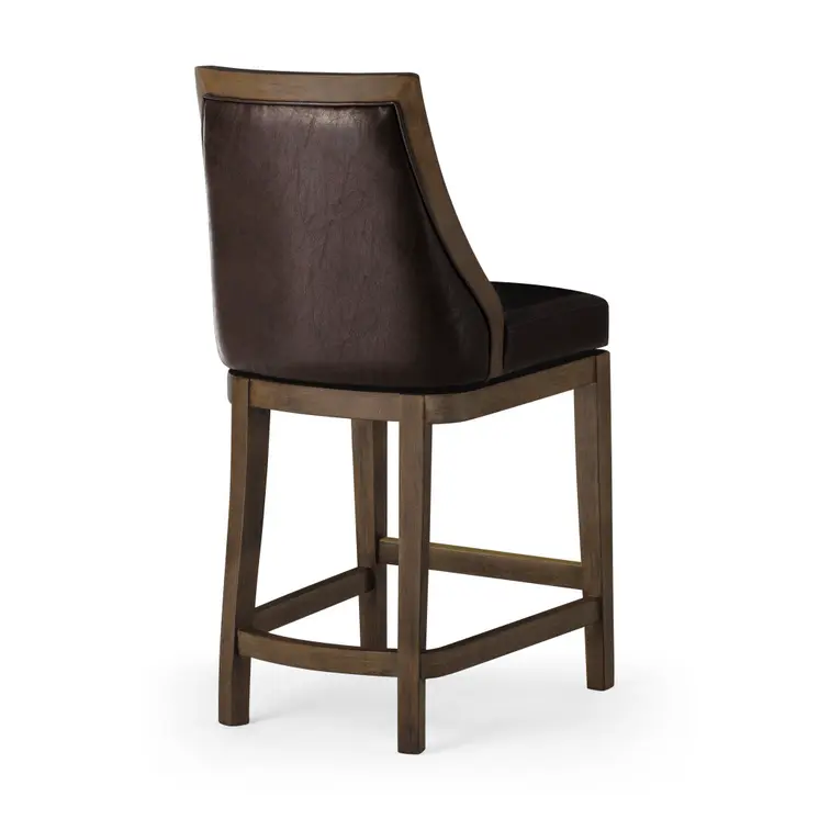 26" Brown Faux Leather and Solid Wood Counter Height Swivel Bar Chair
