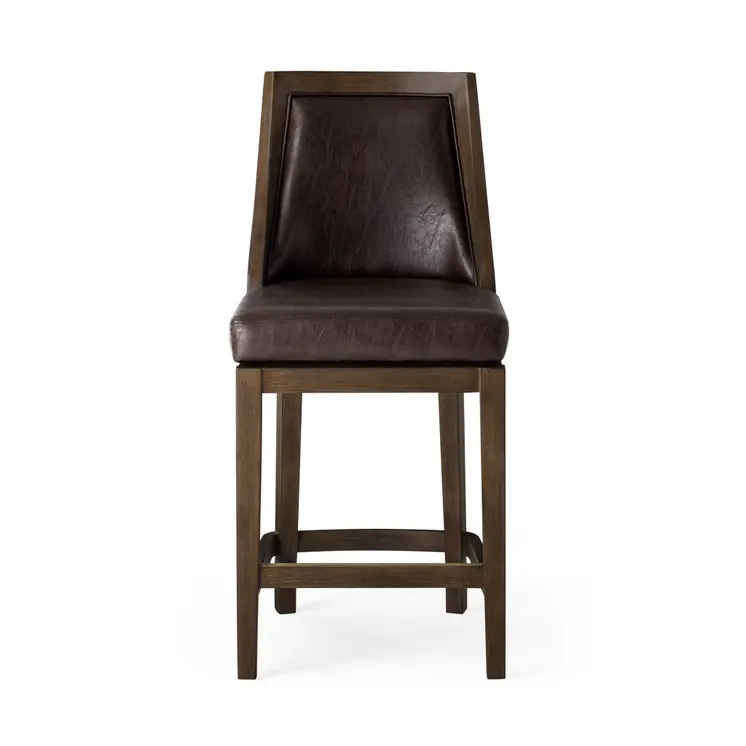 26" Brown Faux Leather and Solid Wood Counter Height Swivel Bar Chair