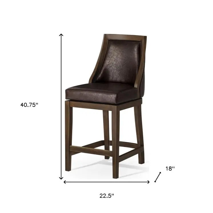26" Brown Faux Leather and Solid Wood Counter Height Swivel Bar Chair