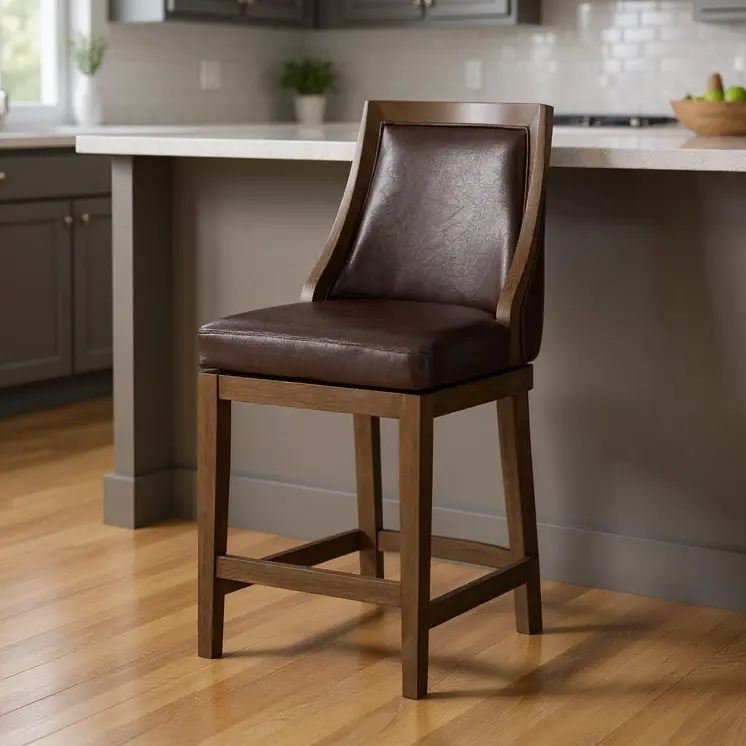 26" Brown Faux Leather and Solid Wood Counter Height Swivel Bar Chair