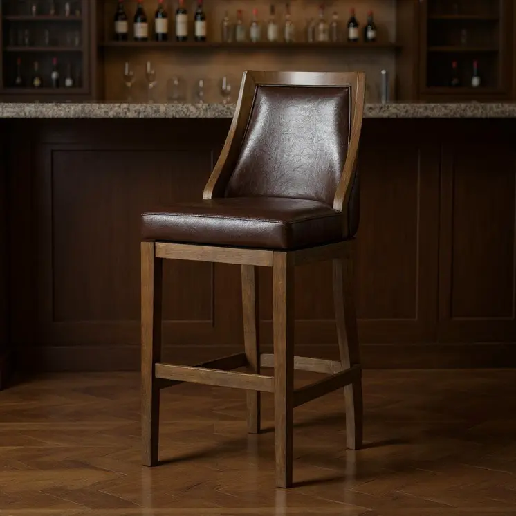 31" Brown Faux Leather and Solid Wood Bar Height Swivel Bar Chair
